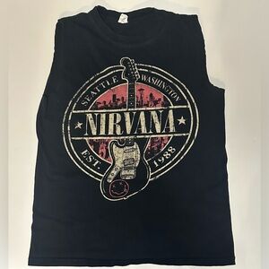 Vintage Nirvana Seattle Guitar Cut-Off Sleeveless Graphic Band Tee Black